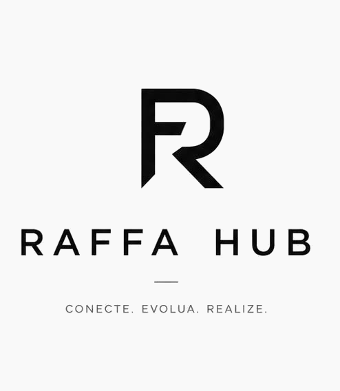Logotipo Raffa Hub: monograma R, nome Raffa Hub e o slogan Conecte. Evolua. Realize.